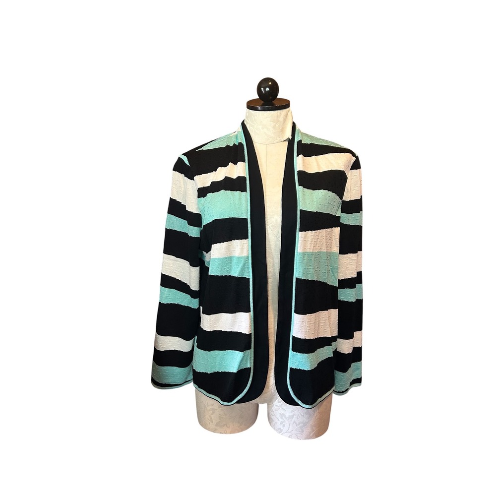 Ming Wang Striped Open Front Cardigan Black Aqua White Textured Knit Size L